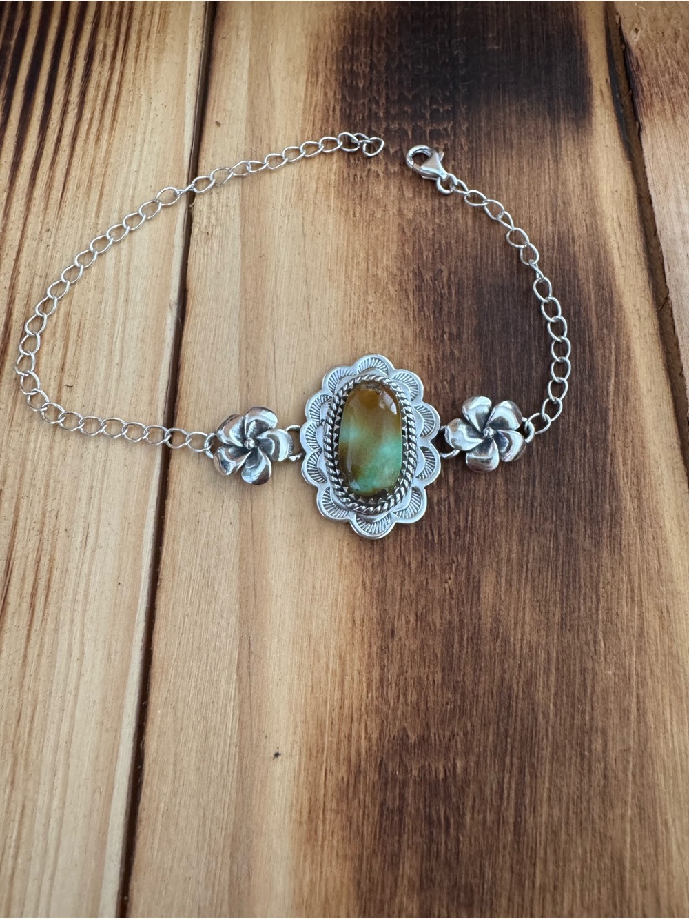 Sterling Silver Floral Bracelet with Green Brown Turquoise Stone